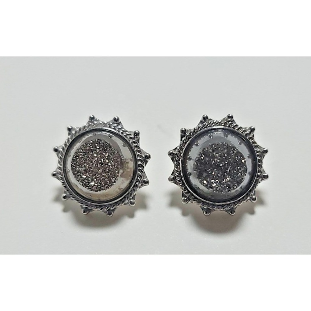 Sterling Silver‎ 925 PJC Gray Quartz Stud Earrings Womens Druzy Round Statement